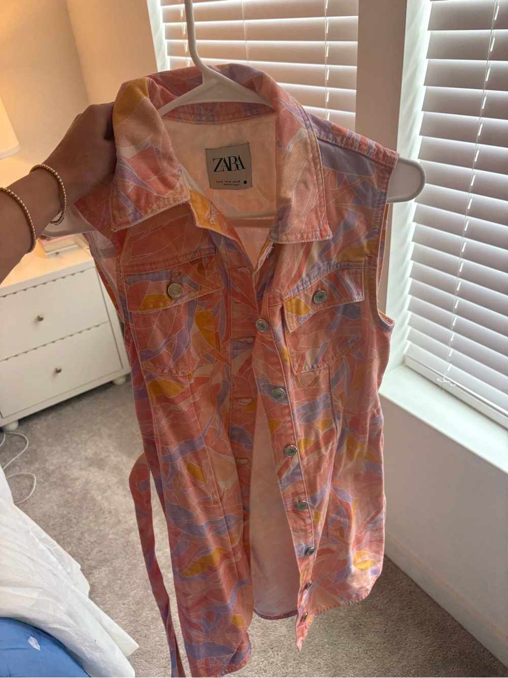 Zara Womens Sleeveless Denim Printed Shirt Dress in Pink